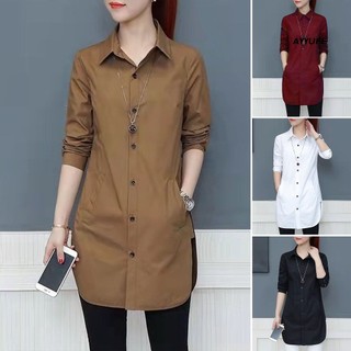 Áo Sơ Mi Tay Dài Màu Trơn Cổ Bẻ Dáng Rộng Thời Trang Xuân Hè Cho Nữ