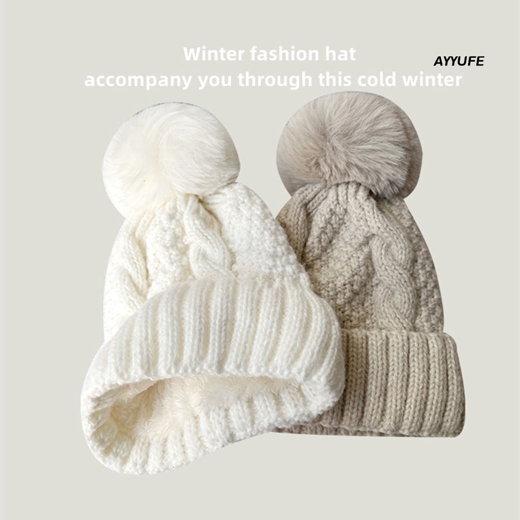 Mũ beanie AYYUFE họa tiết vặn thừng đính bóng lông chống trượt ấm áp mùa đông ngoài trời