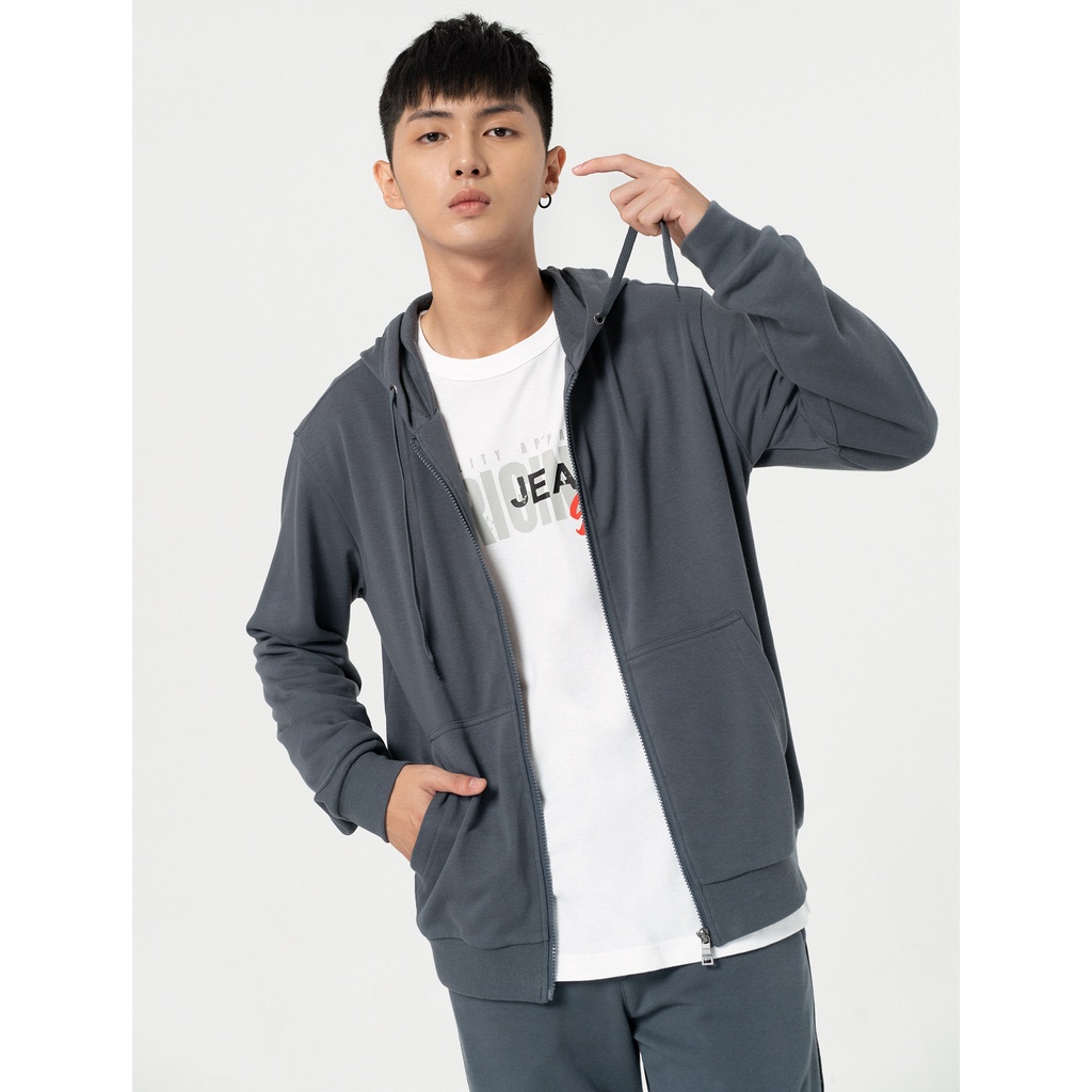 Áo khoác nỉ có mũ nam CANIFA chất liệu cotton pha, có mũ luồn dây dệt, kéo khoá 8OT22W035