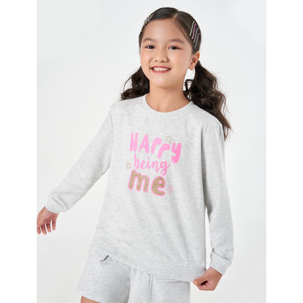 Áo bé gái CANIFA chât nỉ dài tay cổ tròn dáng cơ bản ML23 1TW22W008