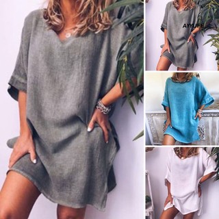 Ayyufe Đầm cotton Lanh Dáng Rộng Xẻ Tà Tay Lửng Không Viền Tay Dài Đơn Giản Mùa Hè Cho Nữ