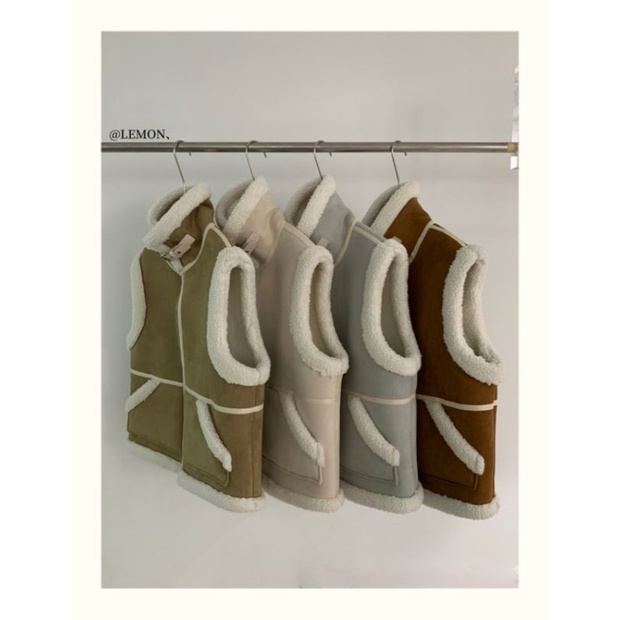 Áo Khoác Gile Da Lộn Lót Lông Xù Túi Hộp Chéo 4 Màu Trẻ Trung