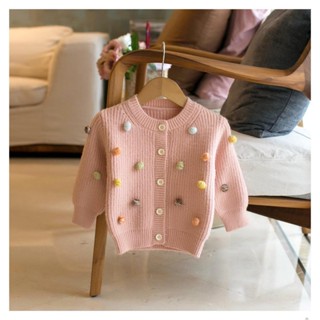 Áo Khoác Cardigan Len Màu Hồng Bé Gái - Áo Len Gắn Quả Bông Xinh Xắn Cho Bé Từ 1-5 Tuổi - Chất Len Cao Cấp