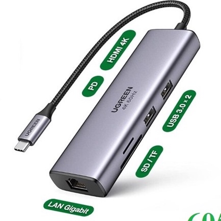 Bộ chuyển đổi Type C UGREEN 60515 sang 2*USB 3.0+HDMI, RJ45, SD TF và PD hỗ trợ 4K - Hàng phân phối chính hãng