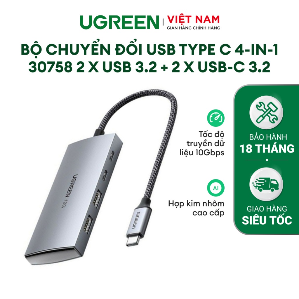 Hub chia USB 4-in-1 Type-C ra 2 USB Type-C và 2 USB Type-A 3.1 UGREEN CM480 | Tốc độ 10Gpbs | Bảo hành 18 tháng | 30758