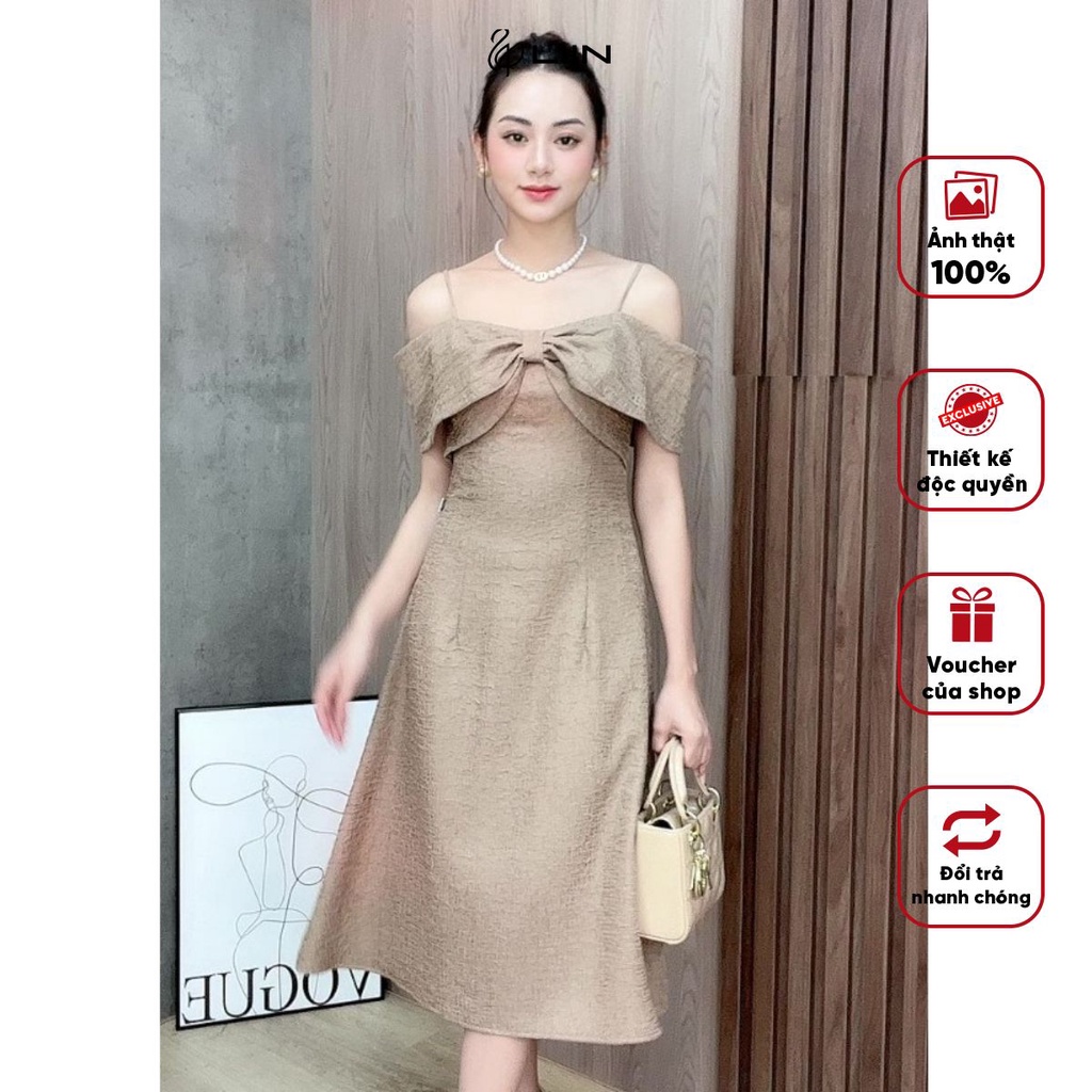 Đầm Dự Tiệc Thiết Kế Hở Vai Sang Trọng Màu Be Chất Liệu Xốp Nhăn Liin Clothing - D6710-1122