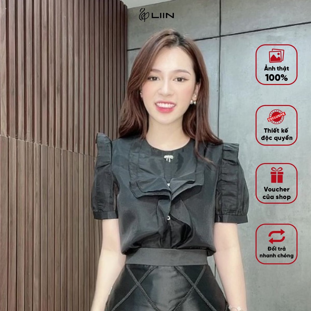 Áo Kiểu Nữ Chất Tơ Cao Cấp Cộc Màu Đen Liin Clothing Phối Bèo Cực Xinh - AKC038SBK-S23