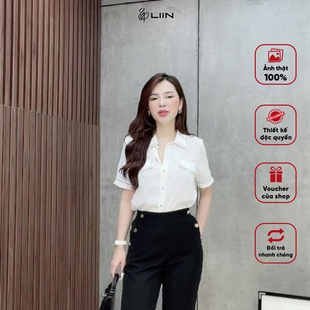 Áo Sơ Mi Đũi Trắng Viền Đen Cộc Tay Liin Clothing - SMC204SWH-S23