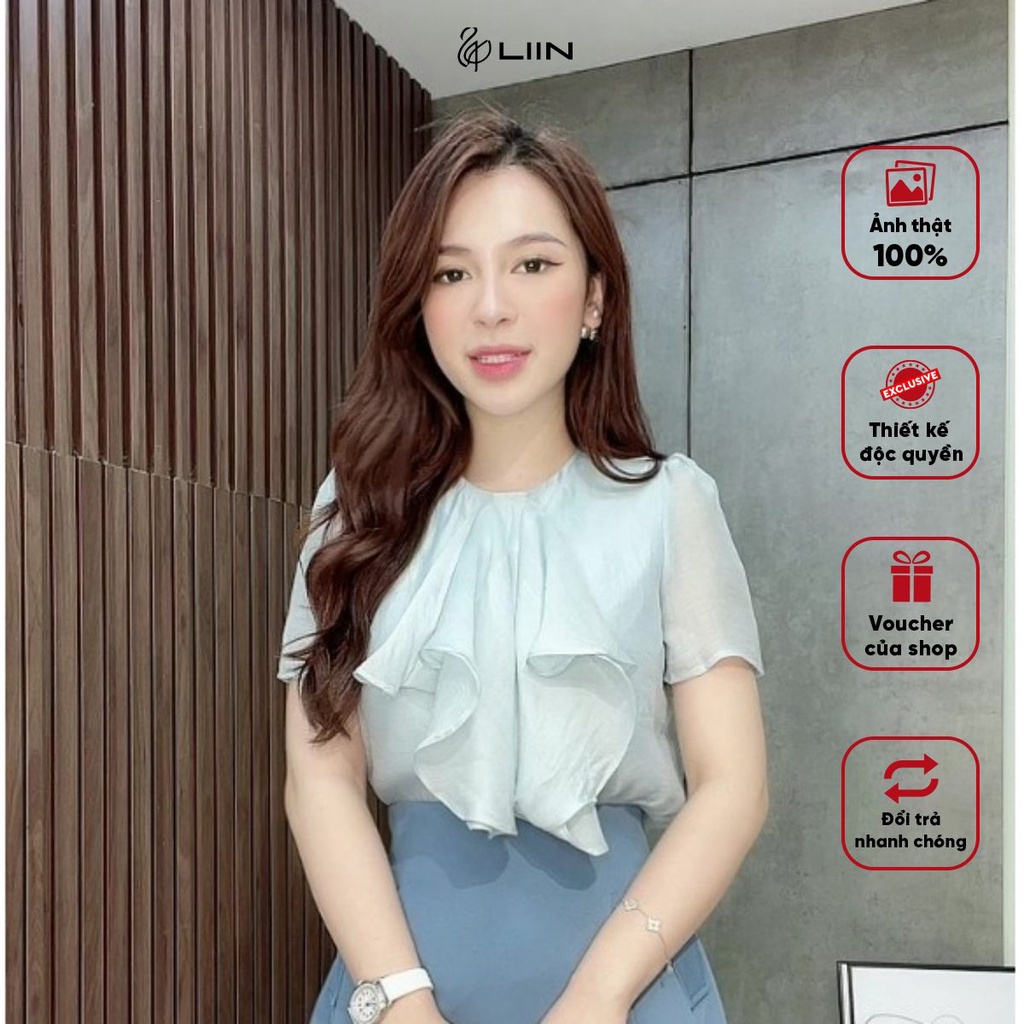 Áo Nữ Cộc Tay Xanh Cổ Tròn Phối Bèo Trước Ngực Cực Xinh Liin Clothing Thời Trang Thiết Kế - AKC272SBL-S23