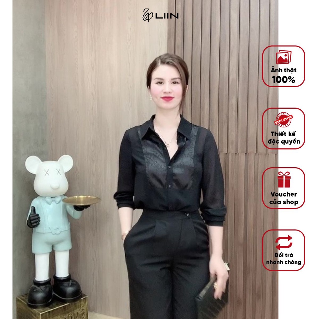 Áo Sơ Mi Đen Cổ Lụa Bóng Cao Cấp Liin Clothing Trời Trang Thiết Kế Dễ Mix Đồ - SM4560-0822
