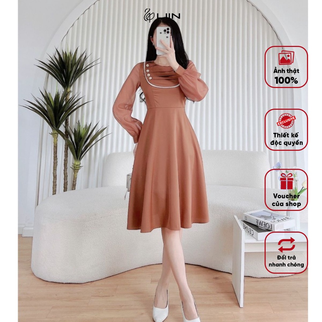 Đầm Nâu Phối Cúc Ngực Dài Tay Liin Clothing Chất Liệu Cao Cấp Đi Dạo Đi Làm ĐI Chơi - D6786-1122