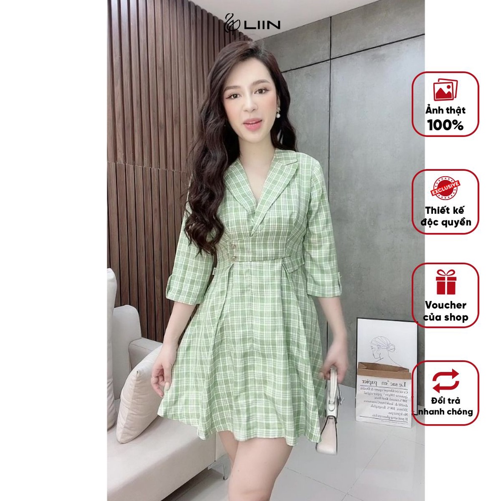 Đầm nữ thiết kế cổ vest Liin Clothing họa tiết kẻ xanh tay lửng công sở - D6690-1022