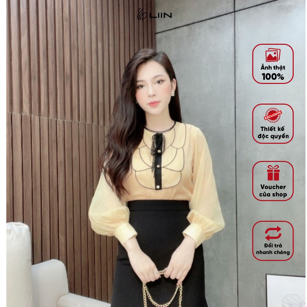 Áo Tơ Vàng Dài Tay Liin Clothing Họa Tiết Ngực Phối Ren - A2836-0323