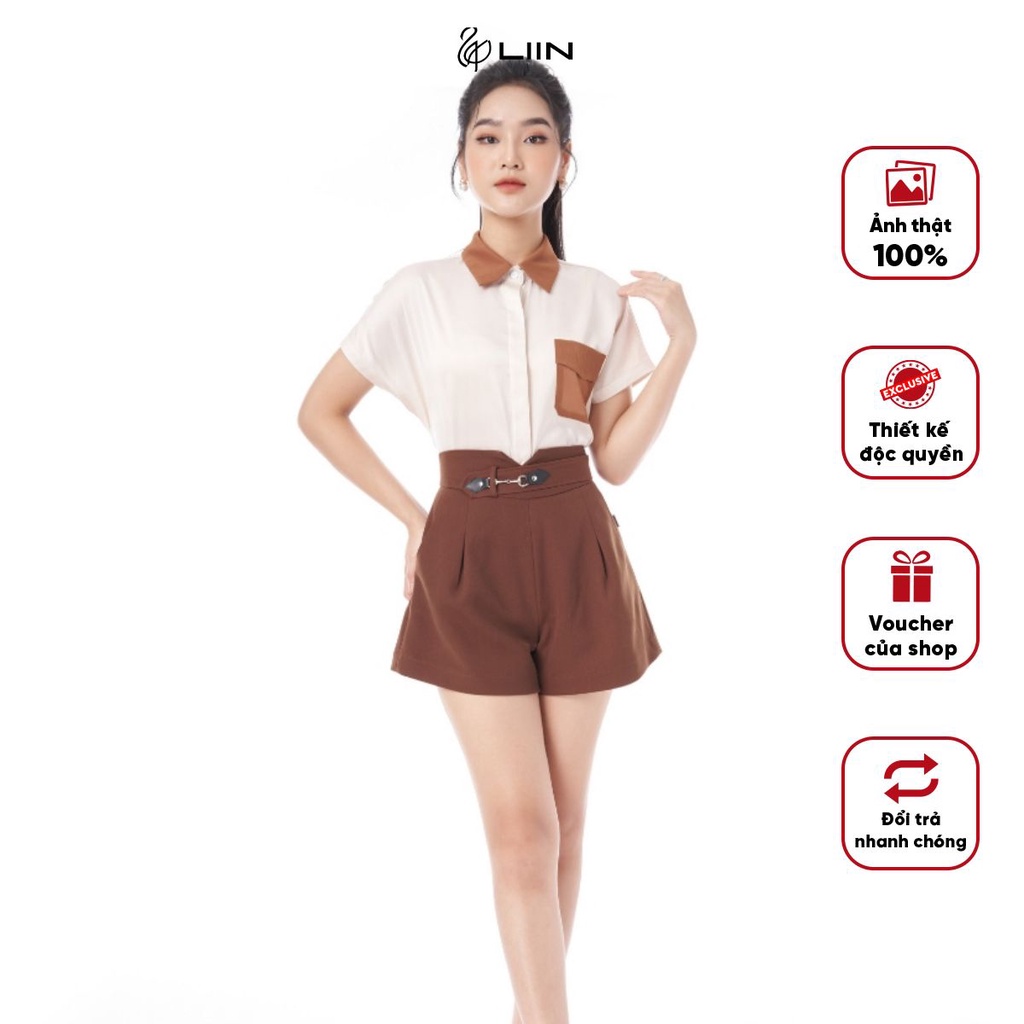 Quần Short Nữ Công Sở Kèm Đai Da Màu Nâu Khóa Kéo Phía Sau Liin Clothing - QS0023-0422