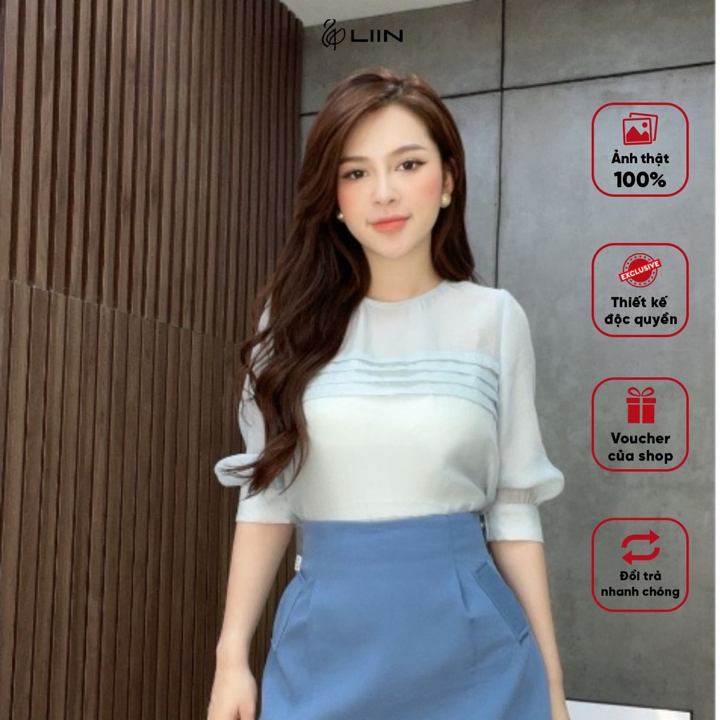Áo Sơ Mi Vải Tơ Crep Xanh Blue Pastel Liin Clothing Thiết Kế Thanh Lịch - AKL266SBL-S23