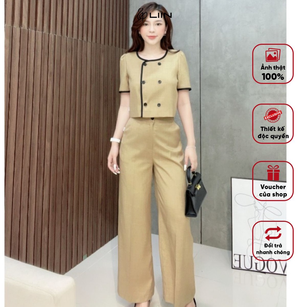 Set Đồ Công Sở Chất Liệu Cao Cấp Liin Clothing Áo Cổ Tròn Quần Ống Suông Tôn Dáng - SQD050SBR-F23