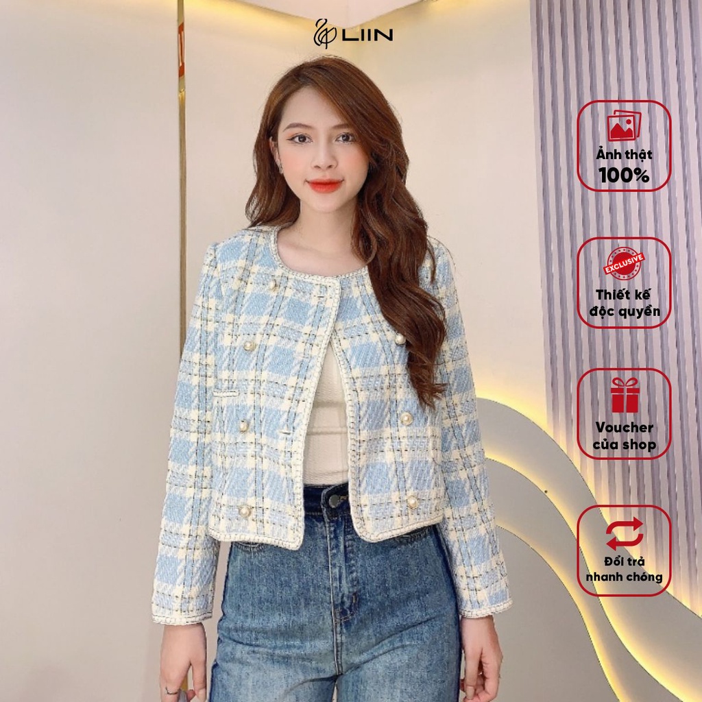 Áo Dạ Nữ Kẻ Xanh Cổ Tròn Liin Clothing Thiết Kế Thanh Lịch Sang Trọng - VED036PRI-F23