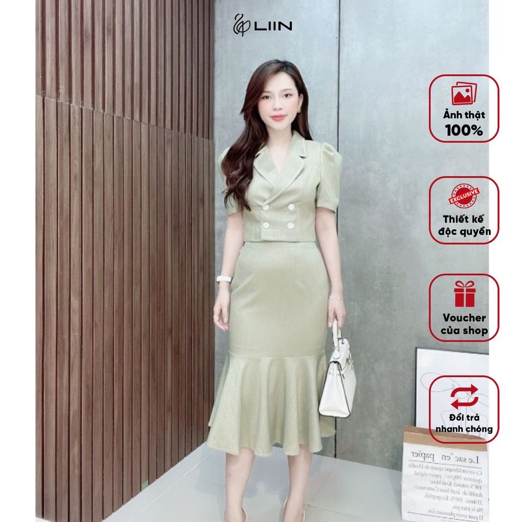 Set Áo Vest Lừng và Chân Váy Đuôi Cá Xanh Rêu Liin Clothing Thiết Kế Sang Trọng Thanh Lịch - SVD072SGN-S23