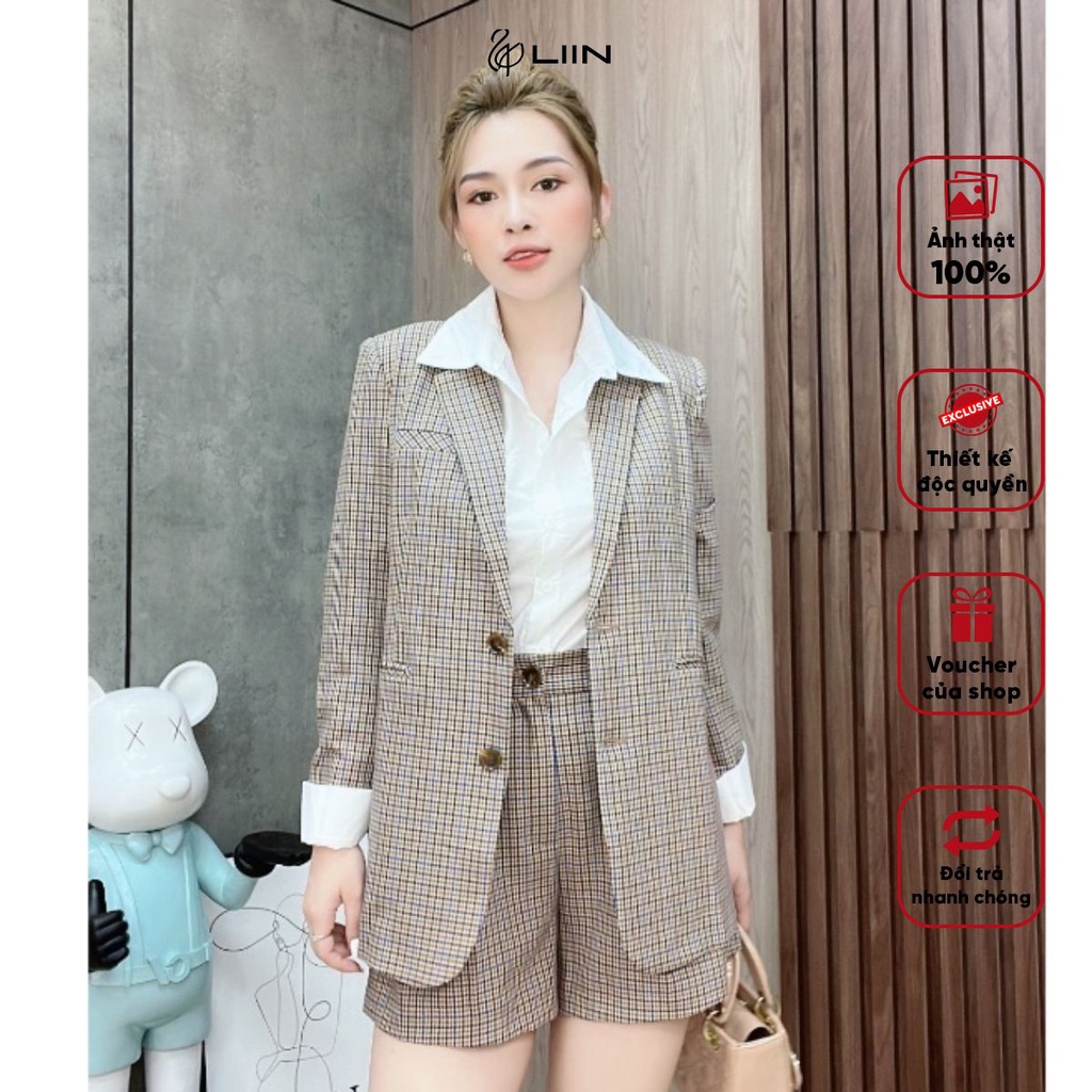 Set Áo Vest Kẻ Nâu và Quần Short Kẻ Nâu Liin Clothing Thiết Kế - V5492/ QS0041