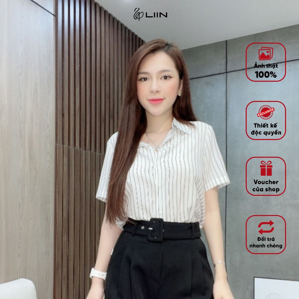 Áo Sơ Mi Cộc Tay Màu Trắng Kẻ Sọc Liin Clothing Thiết Kế Cao Cấp - SMC115PRI-S23