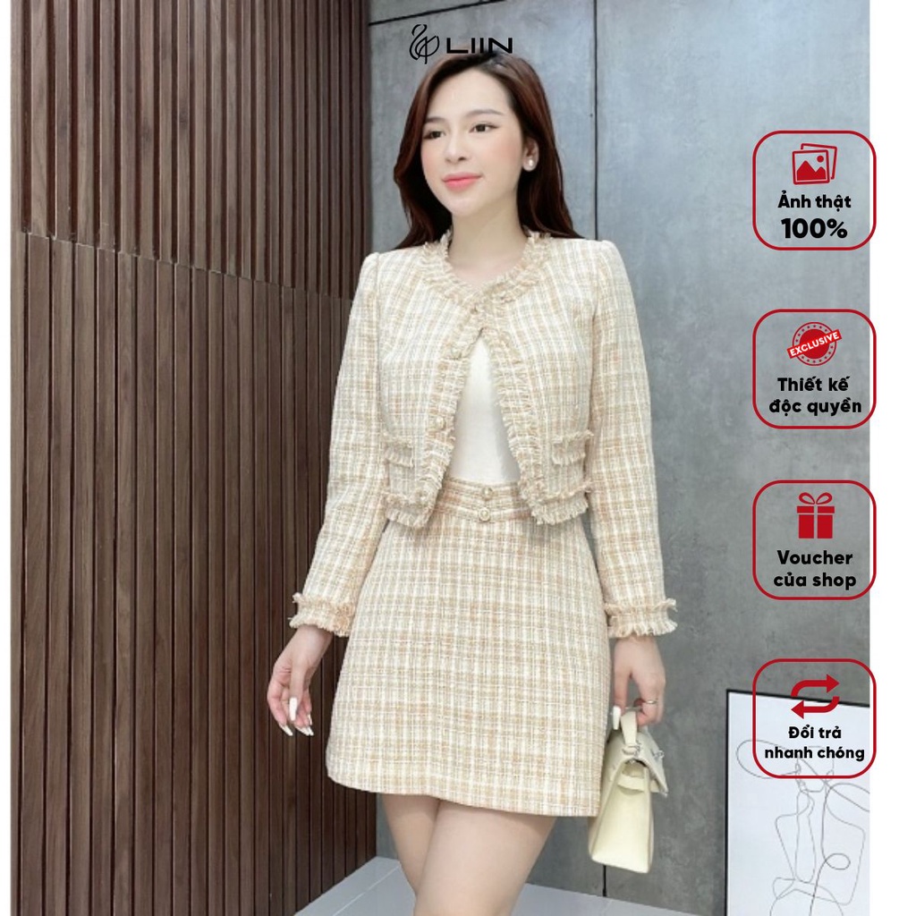 Set Áo Vest Dạ Tweed Be Cổ Tròn Và Chấn Chân Váy Dạ Chữ A Thiết Kế Liin CLothing - VED063/CVT097