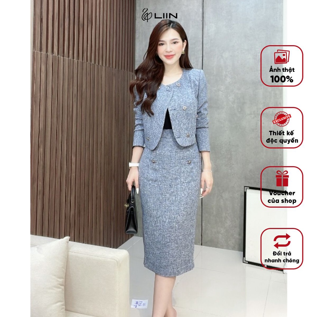 Set Áo vest + Chân váy bút chì dáng dài công sở cạp cao Liin Clothing màu muối tiêu sang trọng - CVD099 / VED072