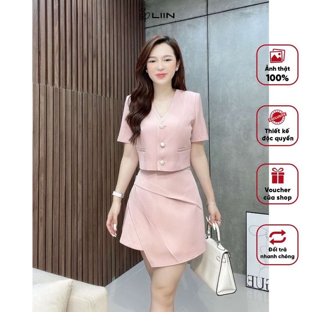 Set Áo Vest Chéo Cộc Tay Hồng Cổ V + Chân Váy Chữ A Thiế Kế Chéo - VED074/CVT101