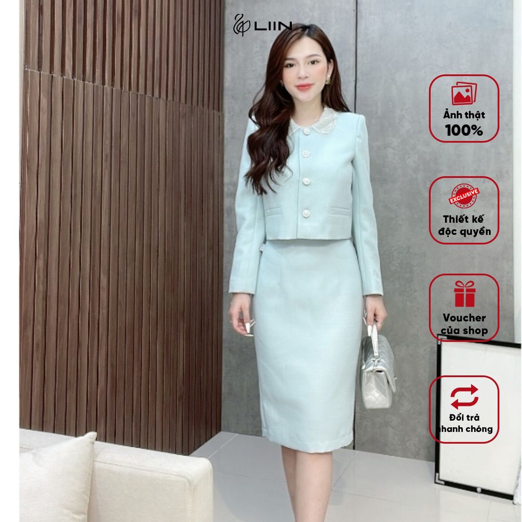 Set Áo Vest Xanh Cổ Ngọc + Chân Váy Bút Chì Liin Clothing Cao Cấp Thời Trang Thiết Kế Cao Cao Cấp VED051/CVD087