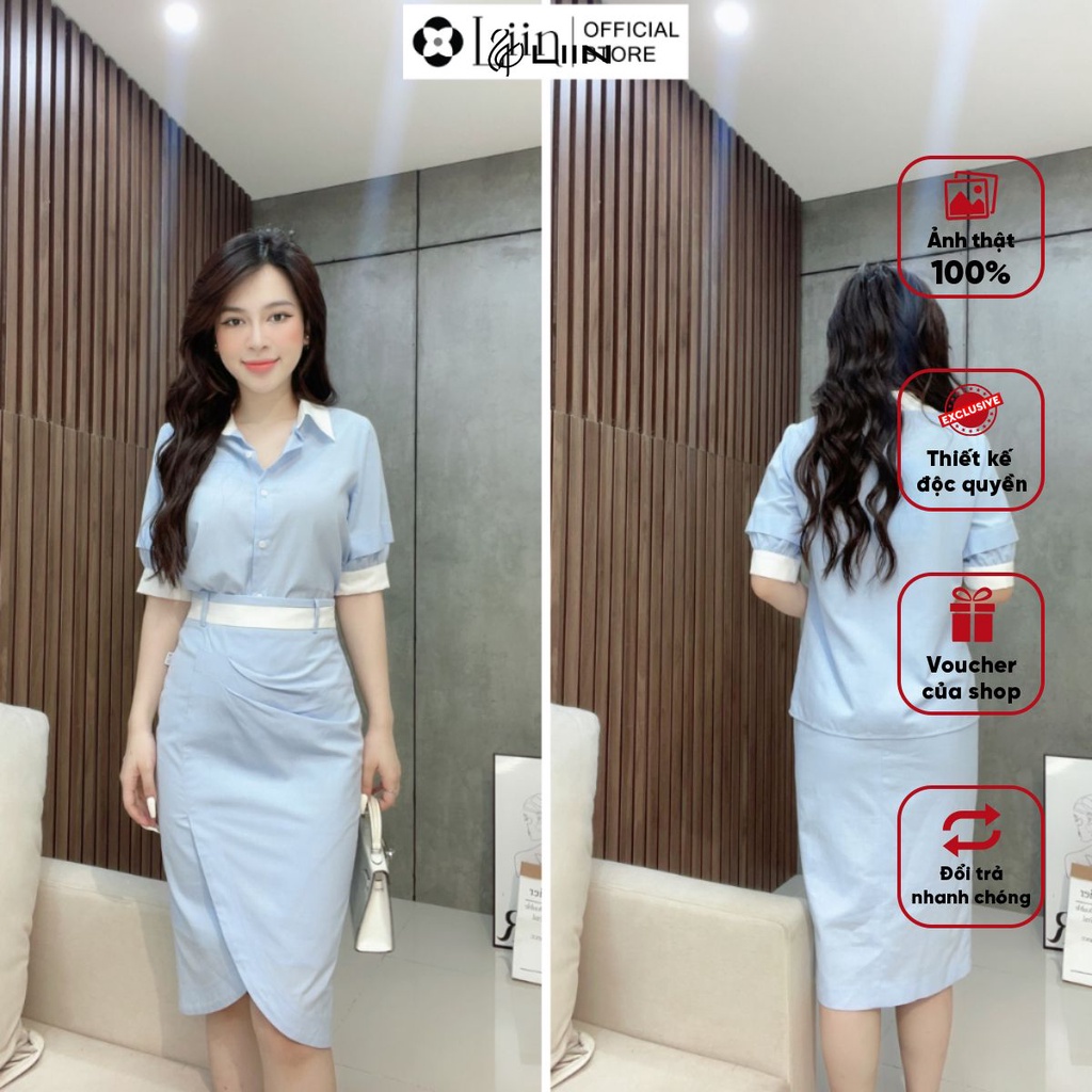 Set đồ nữ áo tay ngắn chân váy bút chì Linen Xanh Pastel chất cao cấp Liin Cloting SVD020