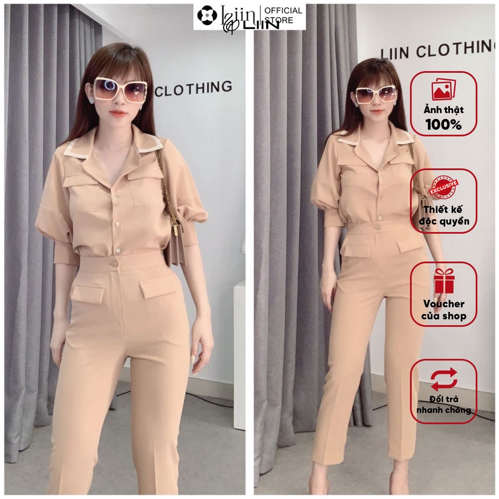 Set quần áo Nâu Cổ Trắng chất lụa cao cấp, kiểu dáng thanh lịch Liin Clothing S0207