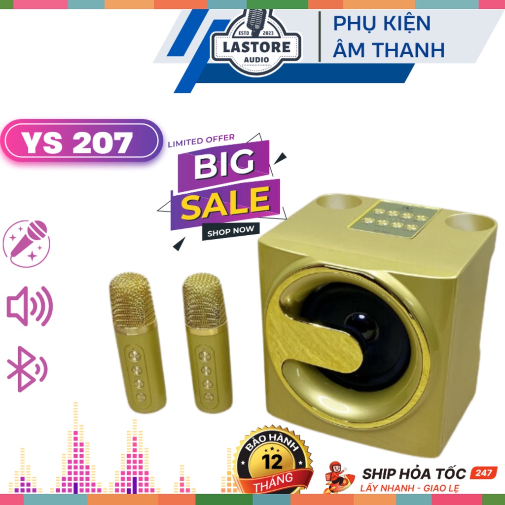 Loa Bluetooth YS 207 Cao Cấp Kèm 2 Mic Không Dây / Loa Hát Karaoke Mini Đầy Đủ Tính Năng, Có Hốc Để Mic Lastore Audio