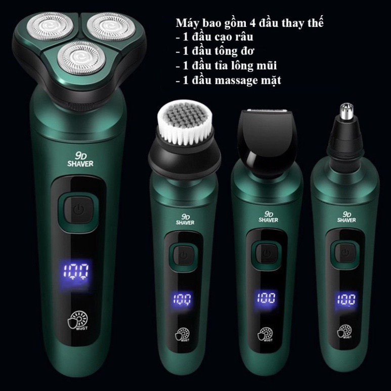 Máy Cạo Râu 9D Shaver 4in1 3 Lưỡi Kép Cực Êm, Máy Cạo Râu Kèm Tỉa Lông Mũi