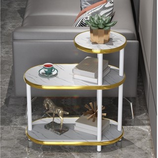 Bàn trà sofa 3 tầng hình chữ nhật bo góc mặt gỗ vân đá màu đen trắng viền vàng - Tap kệ bàn trà decor để góc sofa