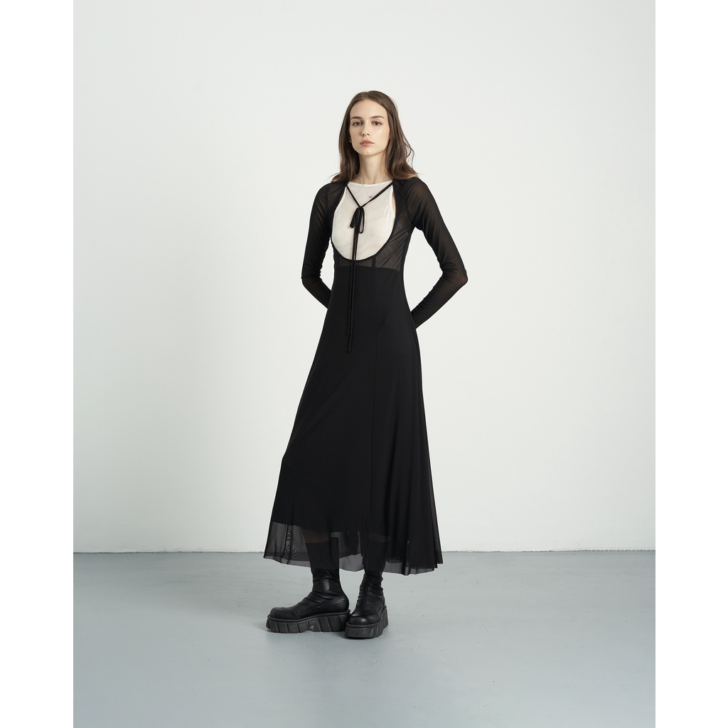 Đầm đen tay dài phối trắng KHÂU BY CQ chất mesh Charlette black&white