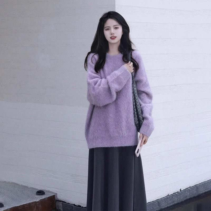 Reian Áo sweater Dệt Kim Dáng Rộng Nhỏ Nhắn Màu Tím Thời Trang Cao Cấp Phong Cách Ấm Trà Mùa Thu Đông
