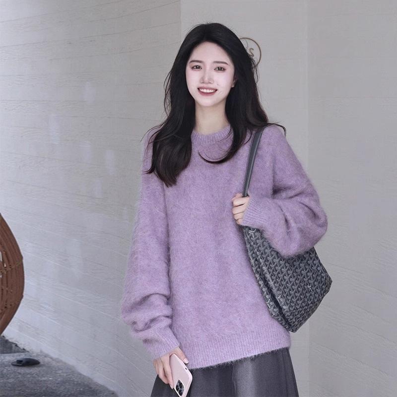 Reian Áo sweater Dệt Kim Dáng Rộng Nhỏ Nhắn Màu Tím Thời Trang Cao Cấp Phong Cách Ấm Trà Mùa Thu Đông