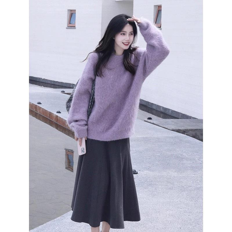 Reian Áo sweater Dệt Kim Dáng Rộng Nhỏ Nhắn Màu Tím Thời Trang Cao Cấp Phong Cách Ấm Trà Mùa Thu Đông
