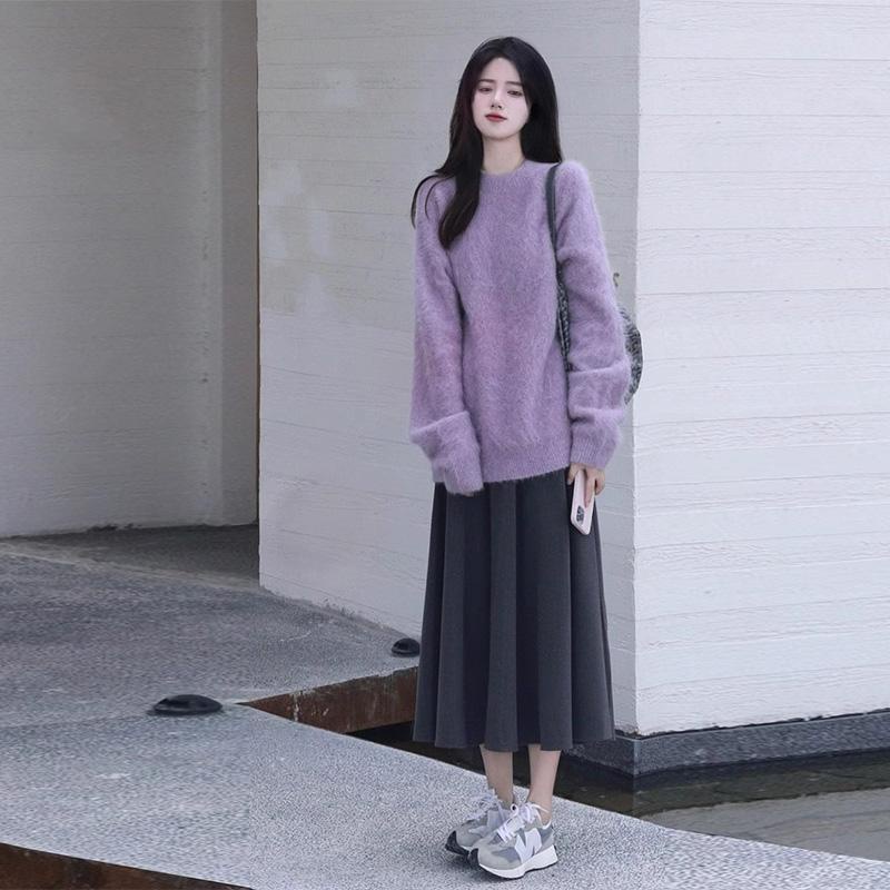 Reian Áo sweater Dệt Kim Dáng Rộng Nhỏ Nhắn Màu Tím Thời Trang Cao Cấp Phong Cách Ấm Trà Mùa Thu Đông