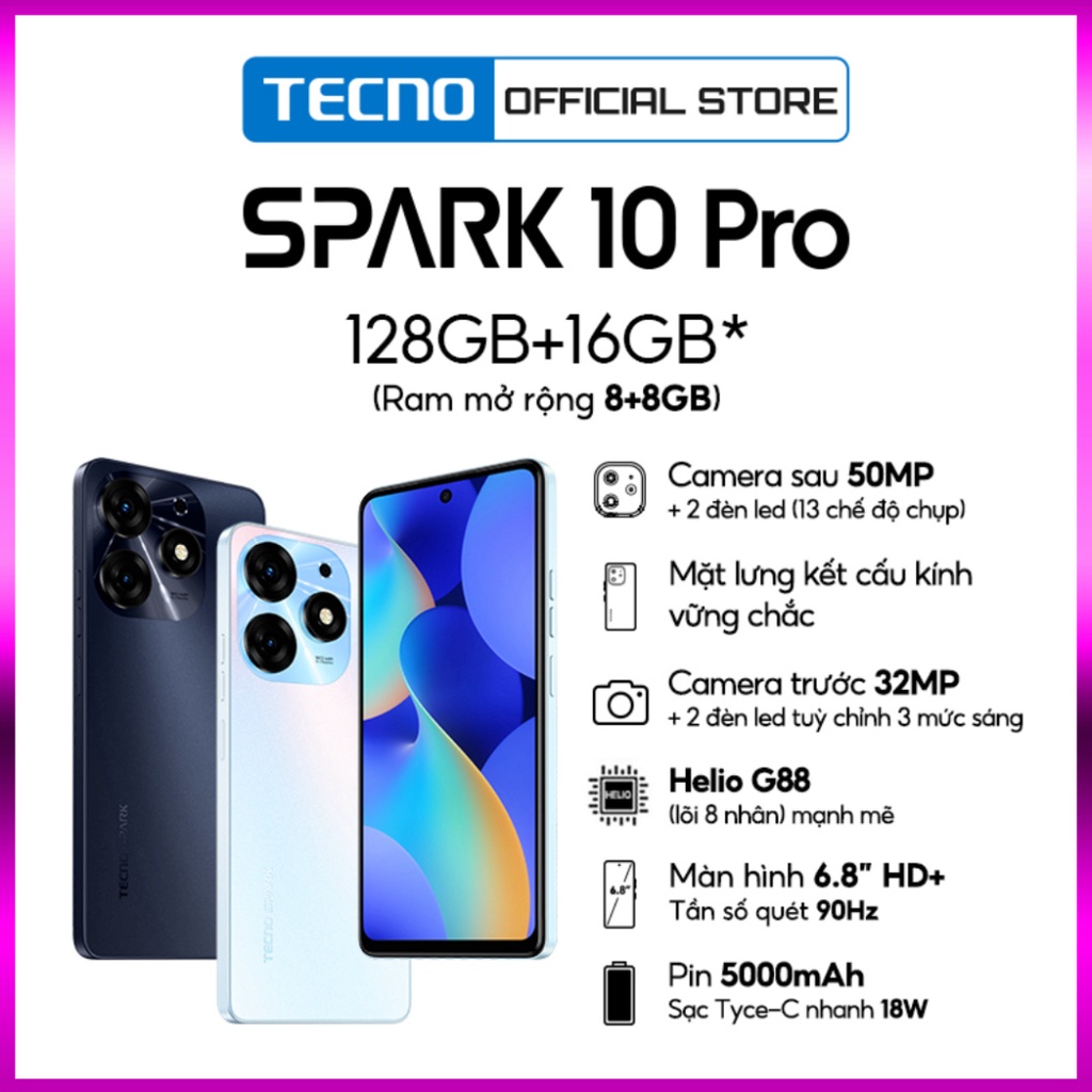 Điện thoại Tecno SPARK 10 Pro 8GB/128GB - Helio G88 | 5000 mAh | Sạc nhanh 18W | Hàng chính hãng