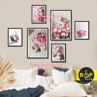 Bộ 6 bức tranh dán tường, tranh treo tường, hoa mẫu đơn, hoa hướng dương, Decor