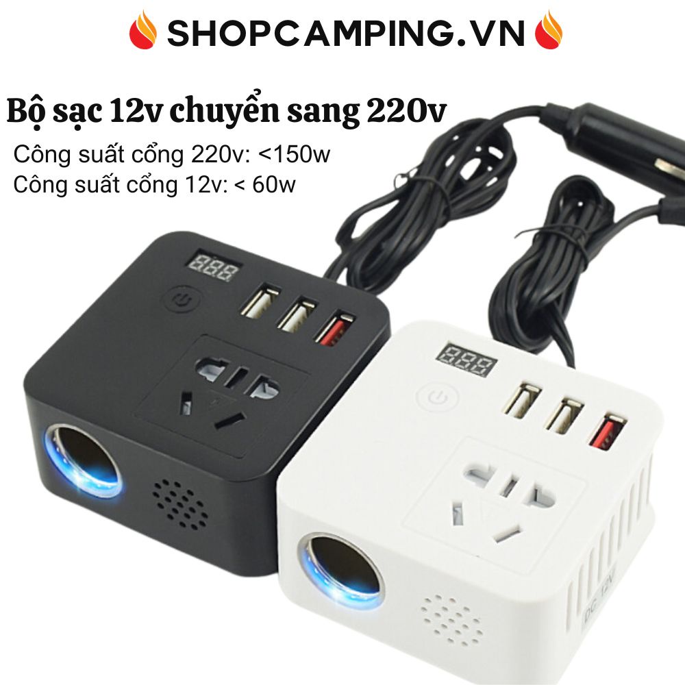 Bộ sạc điện điện thoại tích hợp inverter 12v sang 220v có sạc nhanh QC3.0 xe hơi - Camping VietNam