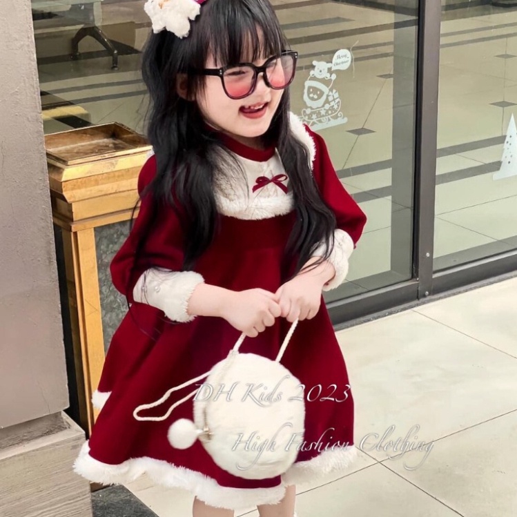 Váy nhung lông thỏ kèm bờm hươu xinh xắn cho bé gái size đại 10-38kg Váy đầm bé gái thu đông chơi Noel, Tết Concungcuame
