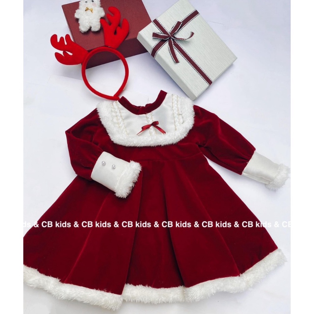 Váy nhung lông thỏ kèm bờm hươu xinh xắn cho bé gái size đại 10-38kg Váy đầm bé gái thu đông chơi Noel, Tết Concungcuame