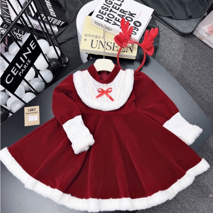 Váy nhung lông thỏ kèm bờm hươu xinh xắn cho bé gái size đại 10-38kg Váy đầm bé gái thu đông chơi Noel, Tết Concungcuame