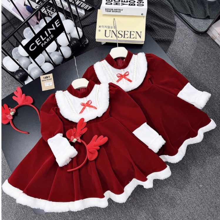 Váy nhung lông thỏ kèm bờm hươu xinh xắn cho bé gái size đại 10-38kg Váy đầm bé gái thu đông chơi Noel, Tết Concungcuame
