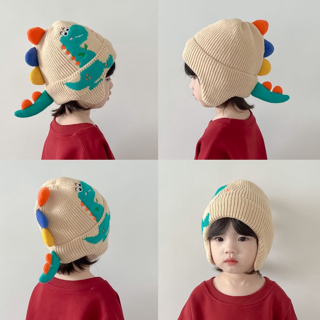 Mũ Len Dệt Kim Chống Gió Giữ Ấm Tai Họa Tiết Khủng Long Hoạt Hình Cho Bé Trai
