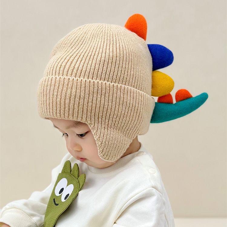 Mũ Len Dệt Kim Chống Gió Giữ Ấm Tai Họa Tiết Khủng Long Hoạt Hình Cho Bé Trai