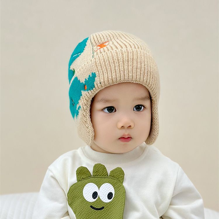 Mũ Len Dệt Kim Chống Gió Giữ Ấm Tai Họa Tiết Khủng Long Hoạt Hình Cho Bé Trai