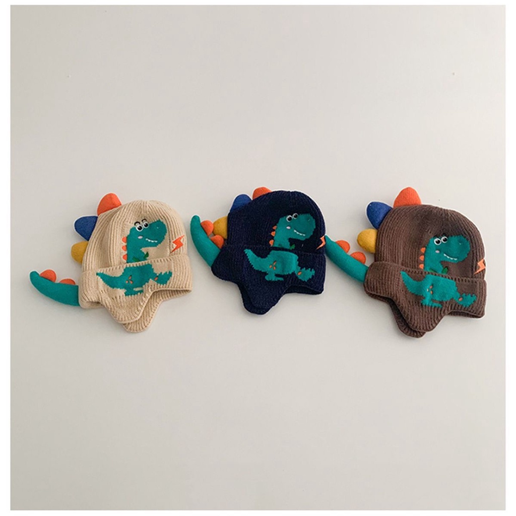 Mũ Len Dệt Kim Chống Gió Giữ Ấm Tai Họa Tiết Khủng Long Hoạt Hình Cho Bé Trai