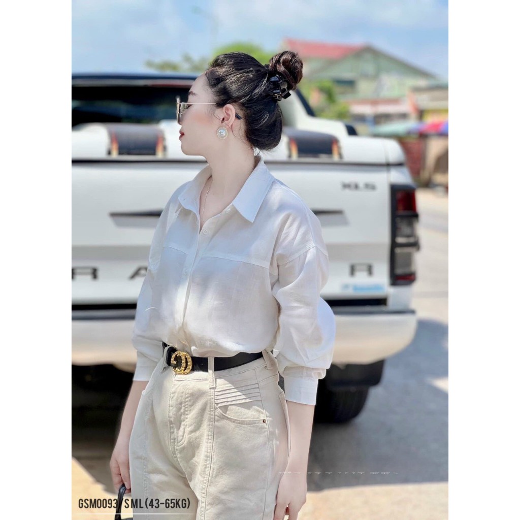 Áo sơ mi nữ ANZI dài tay form rộng màu trắng và xanh GSM0093